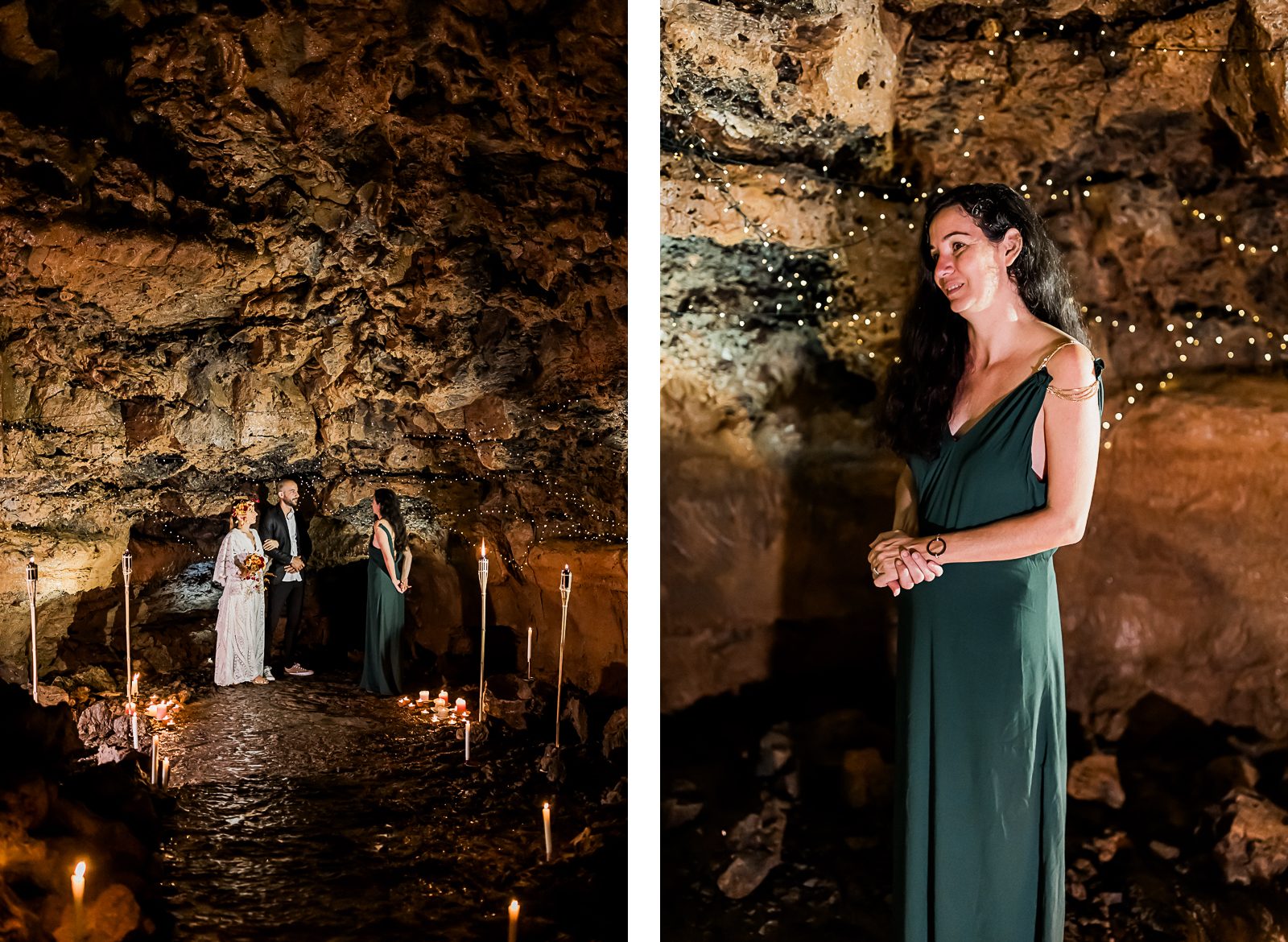 Photographie de Mathieu Dété, photographe de mariage sur l'île de la Réunion à Saint-Pierre, présentant la cérémonie d'un elopement avec l'officiante au sein d'un tunnel de lave à Saint-Gilles