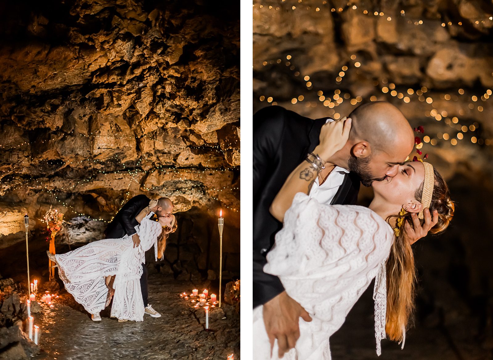 Photographie de Mathieu Dété, photographe de mariage sur l'île de la Réunion à Saint-Pierre, présentant les mariés enlacés lors de leur mariage dans le tunnel de lave, décoré par des guirlandes