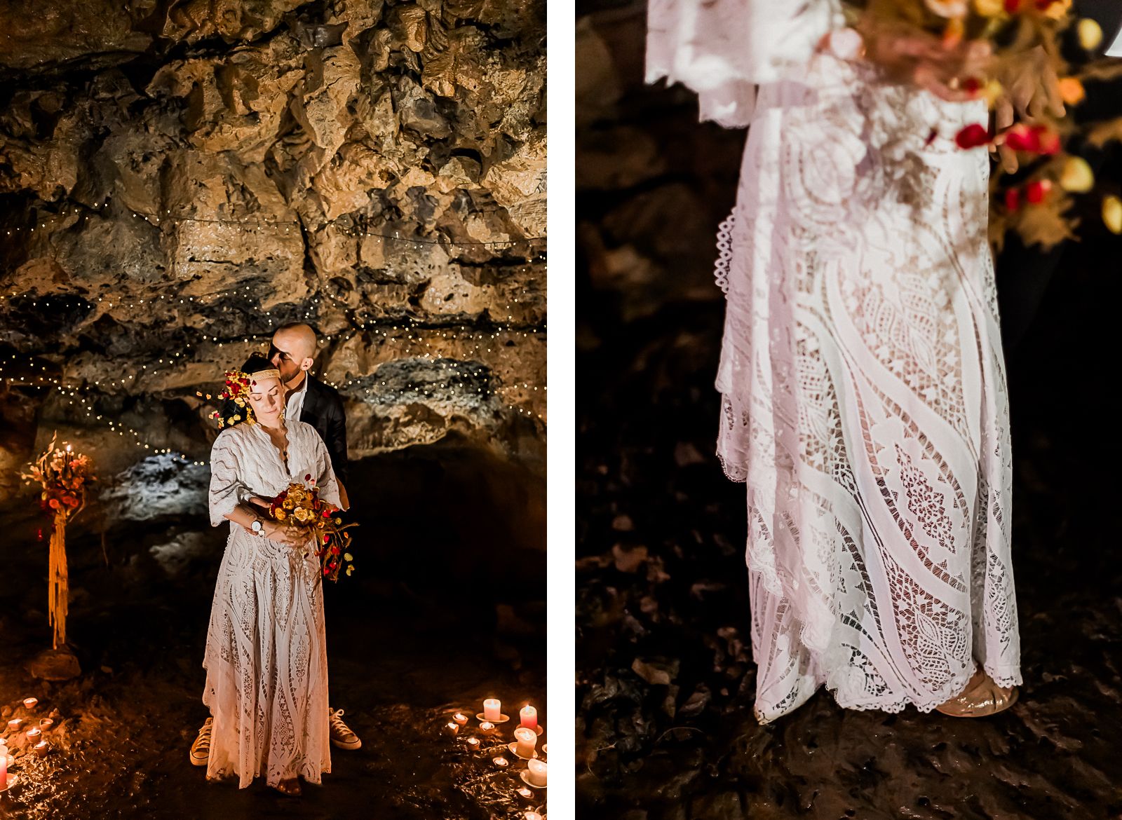 Photographie de Mathieu Dété, photographe de mariage sur l'île de la Réunion à Saint-Pierre, présentant les mariés enlacés et les détails de la robe de mariée, dans le tunnel de lave, décoré par des guirlandes