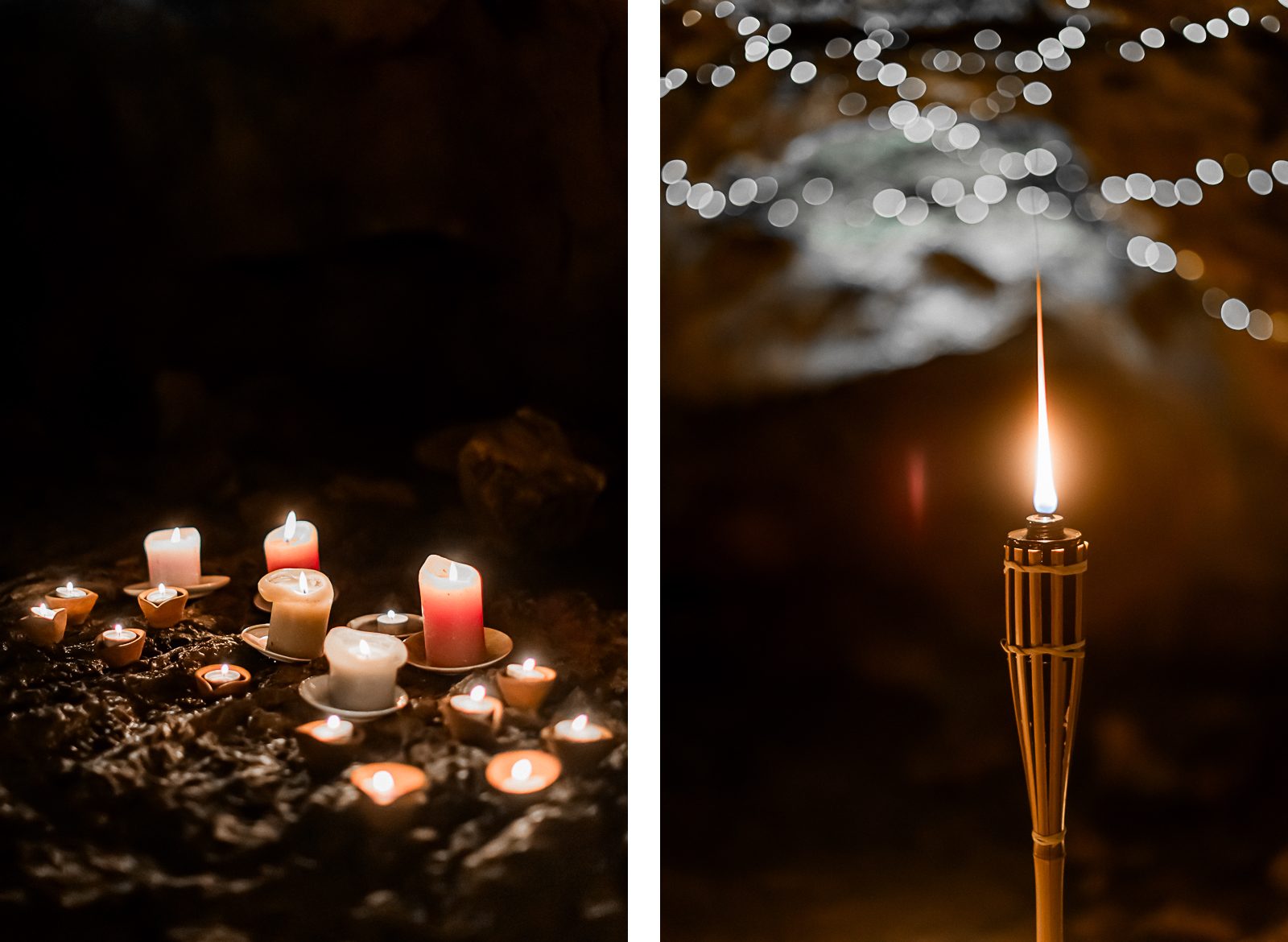 Photographie de Mathieu Dété, photographe de mariage sur l'île de la Réunion à Saint-Pierre, présentant la décoration des bougies du tunnel de lave du Bassin Bleu lors d'un mariage