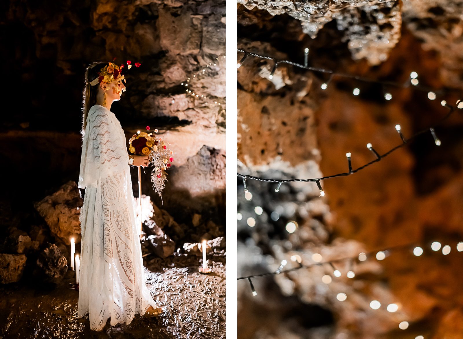 Photographie de Mathieu Dété, photographe de mariage sur l'île de la Réunion à Saint-Pierre, présentant l'entrée de la mariée lors de la cérémonie au sein d'un tunnel de lave à Saint-Gilles