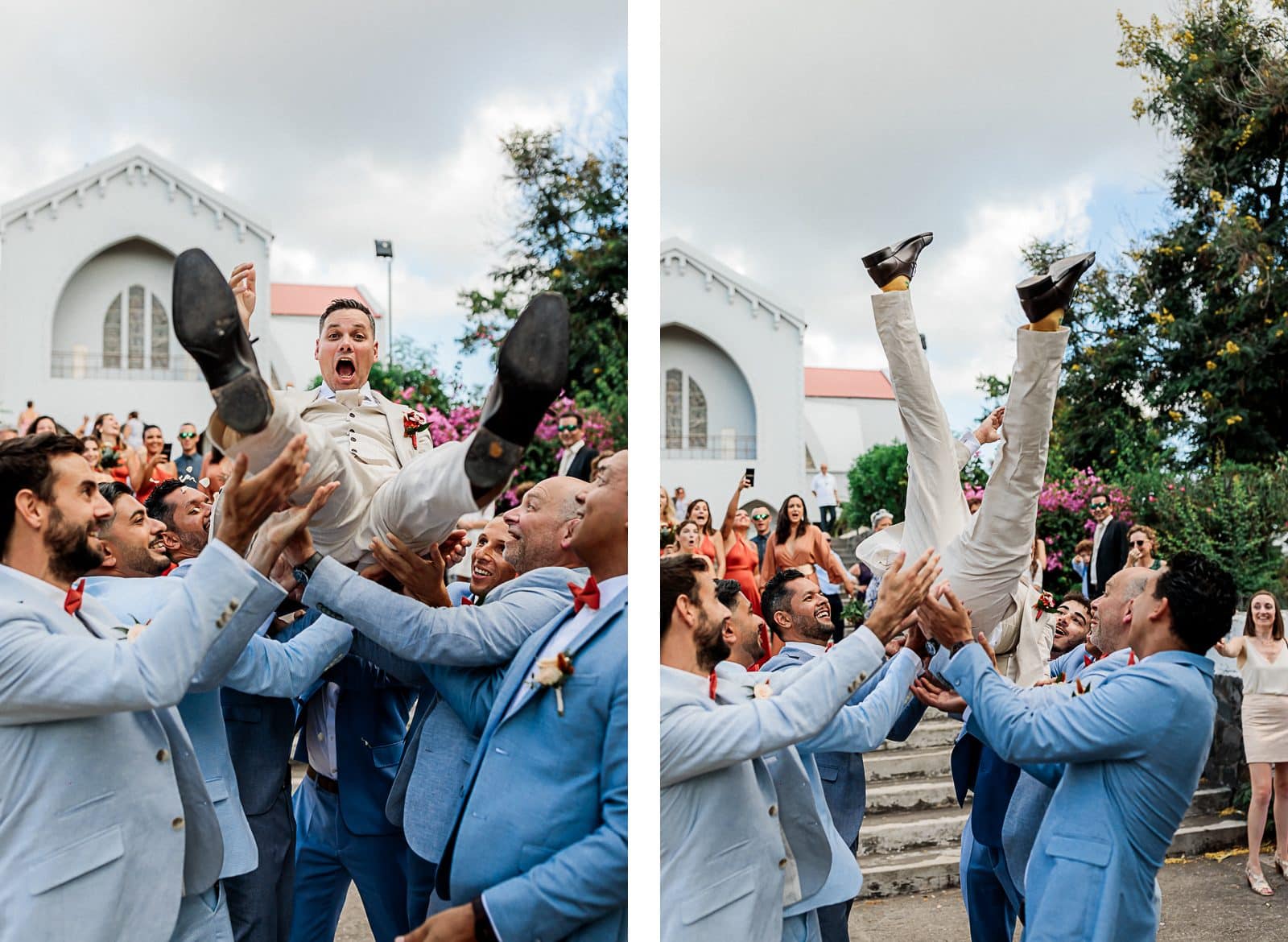 Photographie de Mathieu Dété, photographe de mariage et famille à Saint-Denis sur l'île de la Réunion 974, présentant le mariés jeté en l'air par ses garçons d'honneur