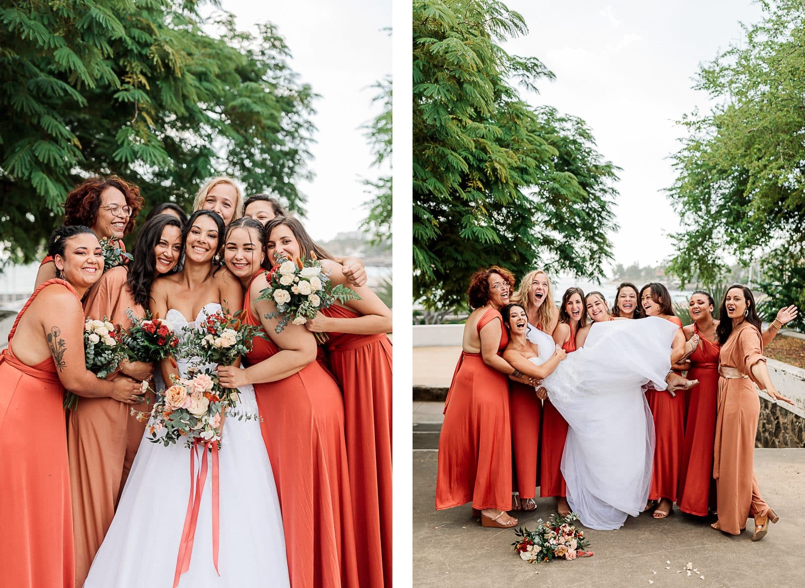 Photographie de Mathieu Dété, photographe de mariage et famille à Saint-Denis sur l'île de la Réunion 974, présentant des portraits de la mariés avec ses demoiselles d'honneur