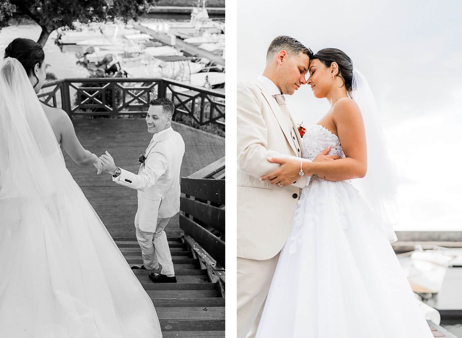 Photographie de Mathieu Dété, photographe de mariage et famille à Saint-Denis sur l'île de la Réunion 974, présentant des portraits des mariés sur le port de Saint-Gilles-les-Bains