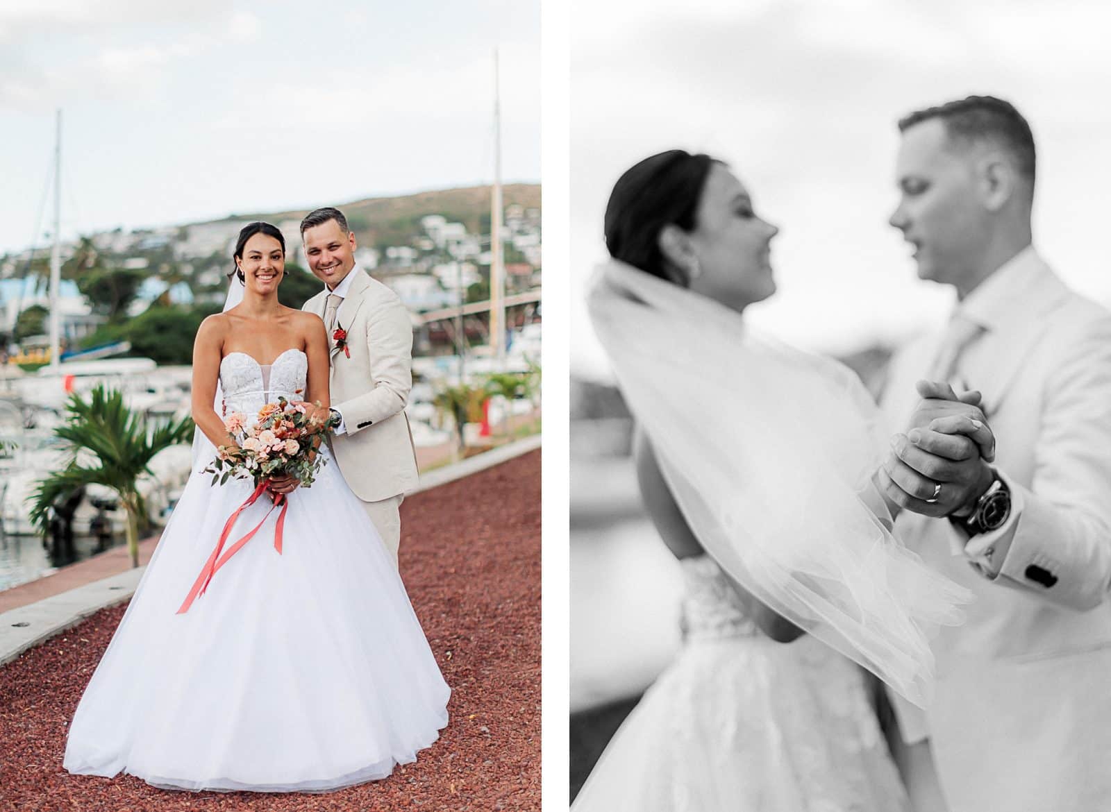 Photographie de Mathieu Dété, photographe de mariage et famille à Saint-Denis sur l'île de la Réunion 974, présentant des portraits des mariés sur le port de Saint-Gilles-les-Bains