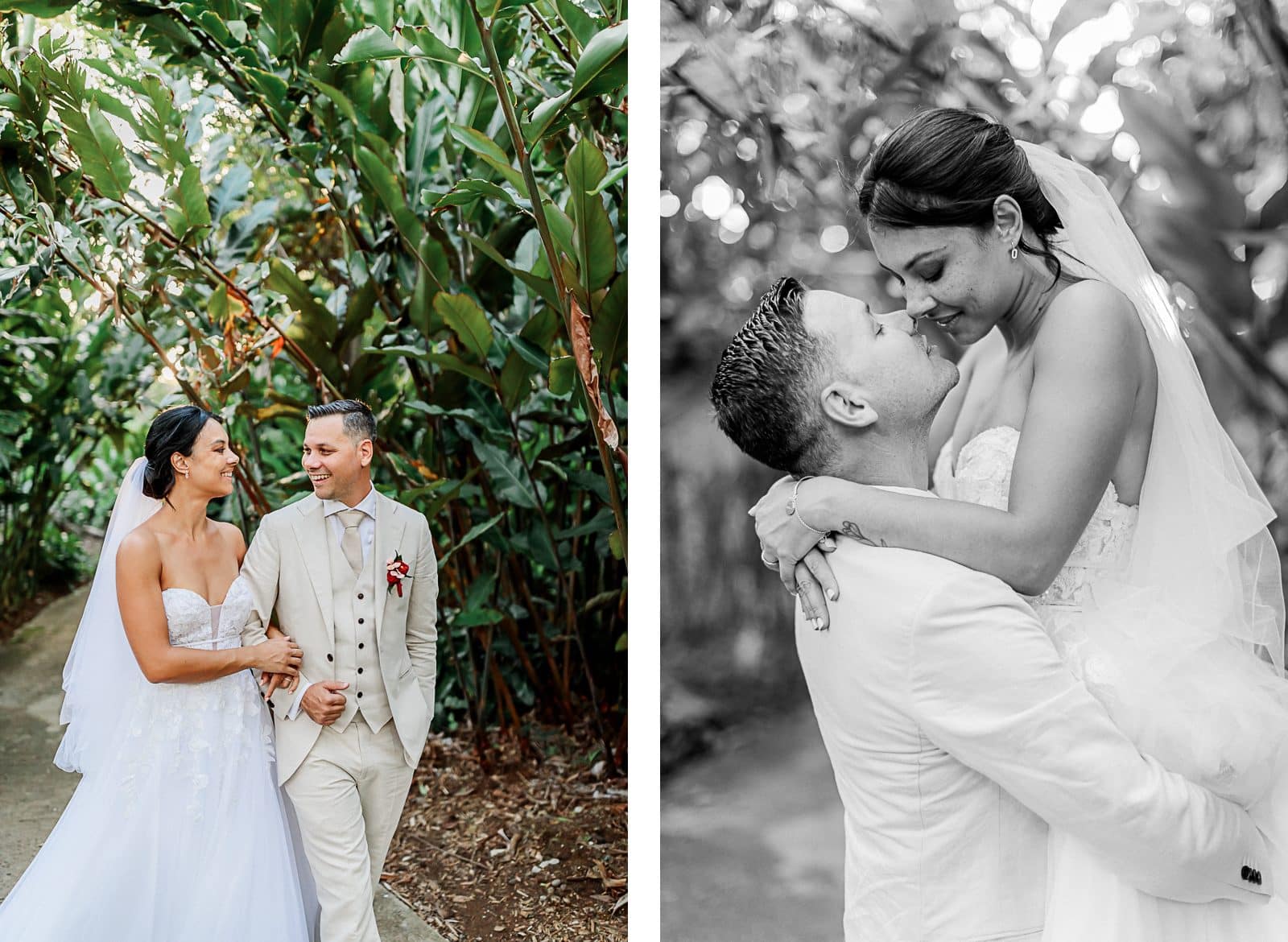 Photographie de Mathieu Dété, photographe de mariage et famille à Saint-Denis sur l'île de la Réunion 974, présentant des portraits des mariés dans le Jardin d'Eden de Saint-Gilles