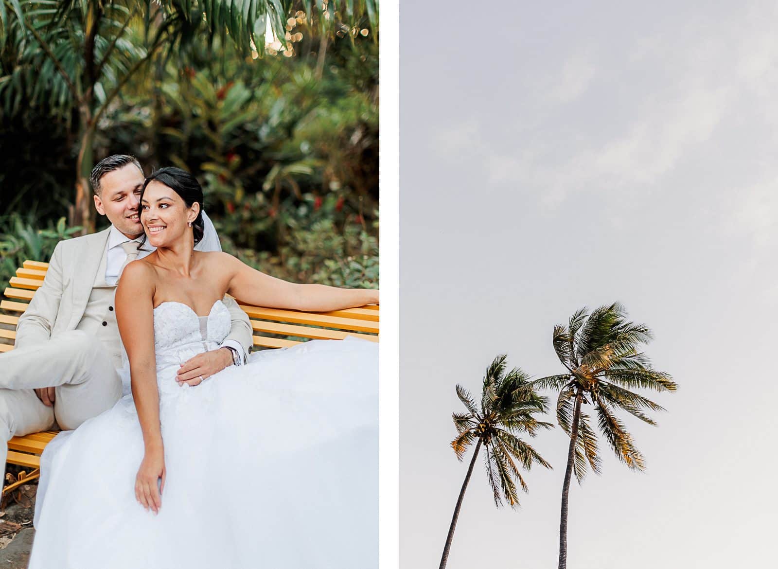 Photographie de Mathieu Dété, photographe de mariage et famille à Saint-Denis sur l'île de la Réunion 974, présentant des portraits des mariés assis sur le banc jaune dans le Jardin d'Eden de Saint-Gilles