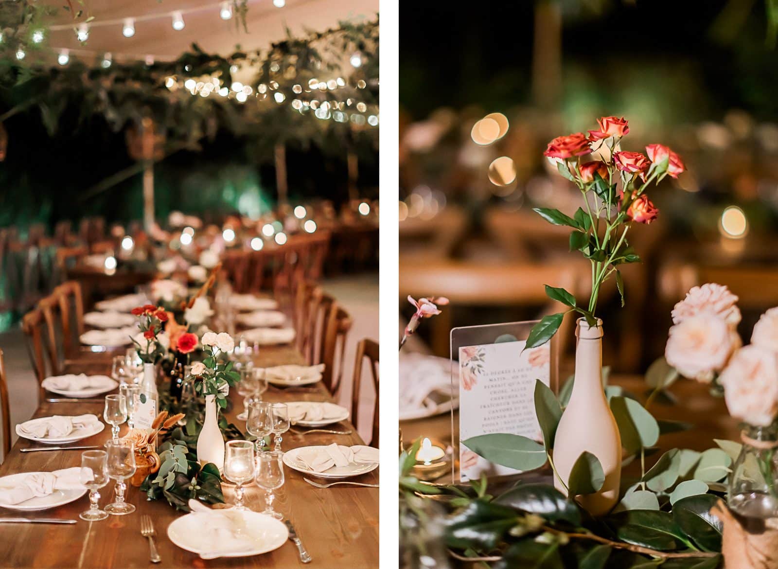 Photographie de Mathieu Dété, photographe de mariage et famille à Saint-Gilles sur l'île de la Réunion 974, présentant la décoration des tables du mariage au Jardin d'Eden