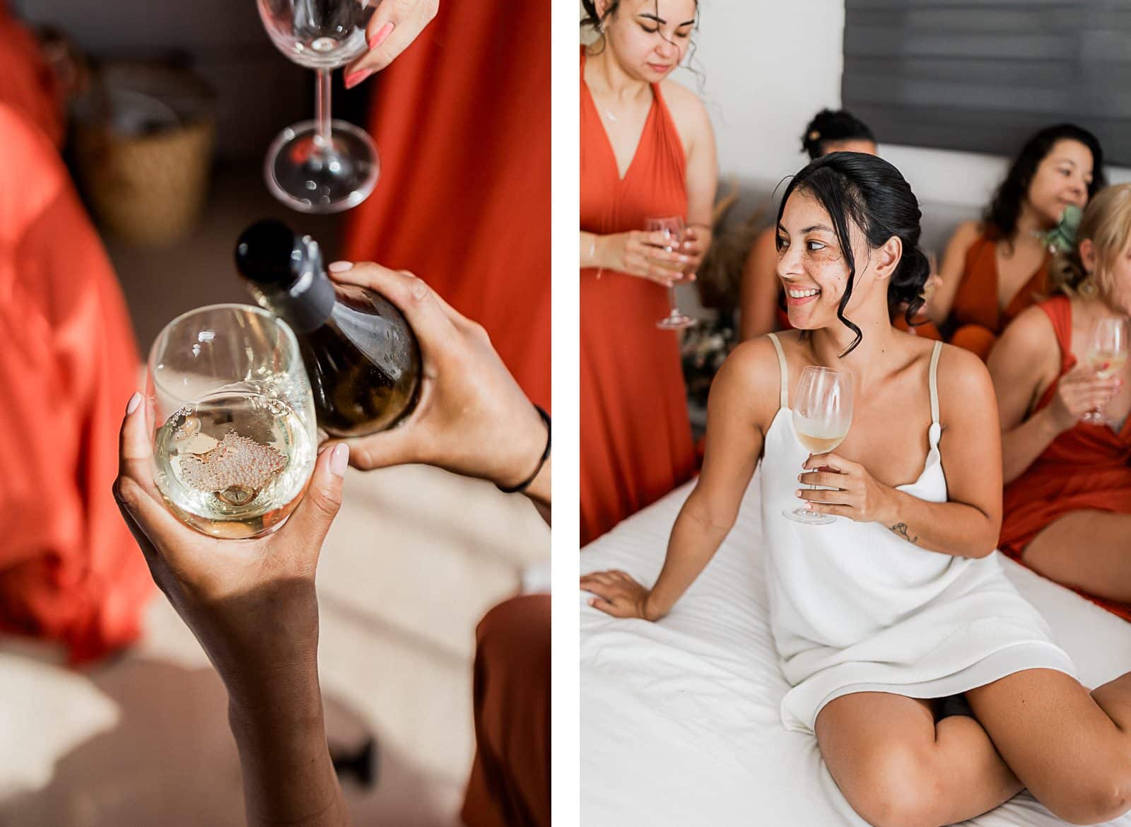 Photographie de Mathieu Dété, photographe de mariage et famille à Saint-Denis sur l'île de la Réunion 974, présentant la mariée buvant un verre entourée de ses demoiselles d'honneur