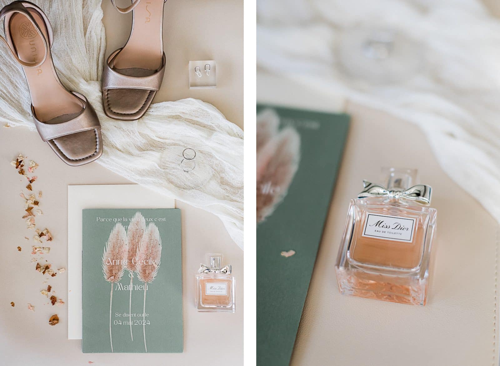 Photographie de Mathieu Dété, photographe de mariage et famille à Saint-Denis sur l'île de la Réunion 974, présentant les détails du mariage avec les alliances, le faire part, les chaussures et le parfum de la mariée