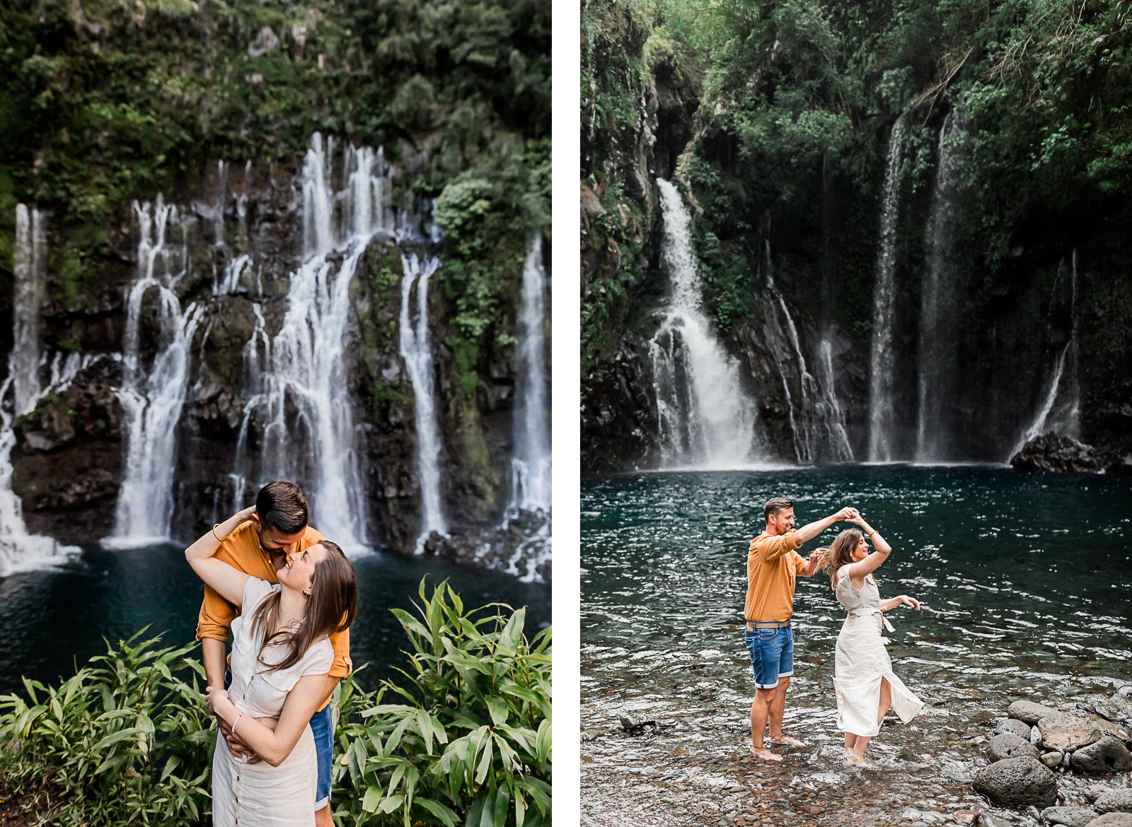 Photographie de Mathieu Dété présentant un couple enlacé et en train de danser, dans les bassins des cascades de Langevin, à Grand Galet et Trou Noir