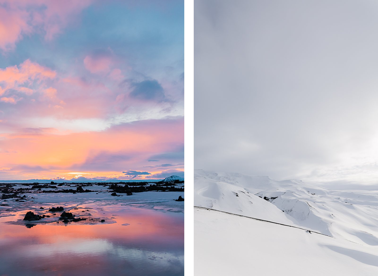 Photographie de Mathieu Dété, photographe de mariage et de voyage à la Réunion, présentant un crépuscule coloré et une montagne enneigée, lors d'un voyage en Islande